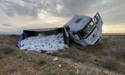Konya'da gübre yüklü TIR şarampole devrildi