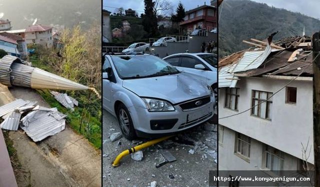 Rize'de fırtına çatıları uçurup araçlar, ağaçlar, duraklar ve tabelalara zarar verdi