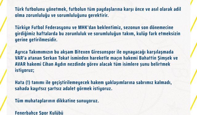 Fenerbahçe: "Hataya tahammülümüz yok"
