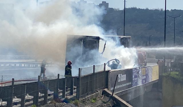 Tekeri patlayan TIR alevlere teslim oldu