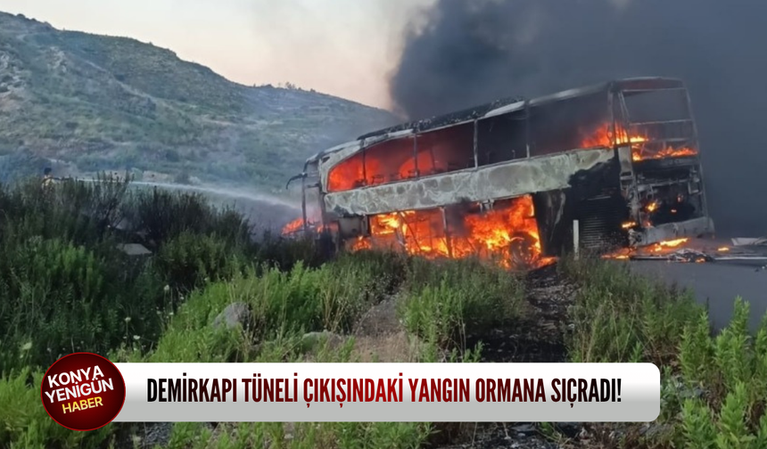Demirkapı Tüneli çıkışında otobüs yangını ormana da sıçradı!