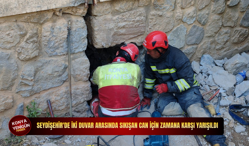 Seydişehir'de iki duvar arasında sıkışan can için zamana karşı yarışıldı