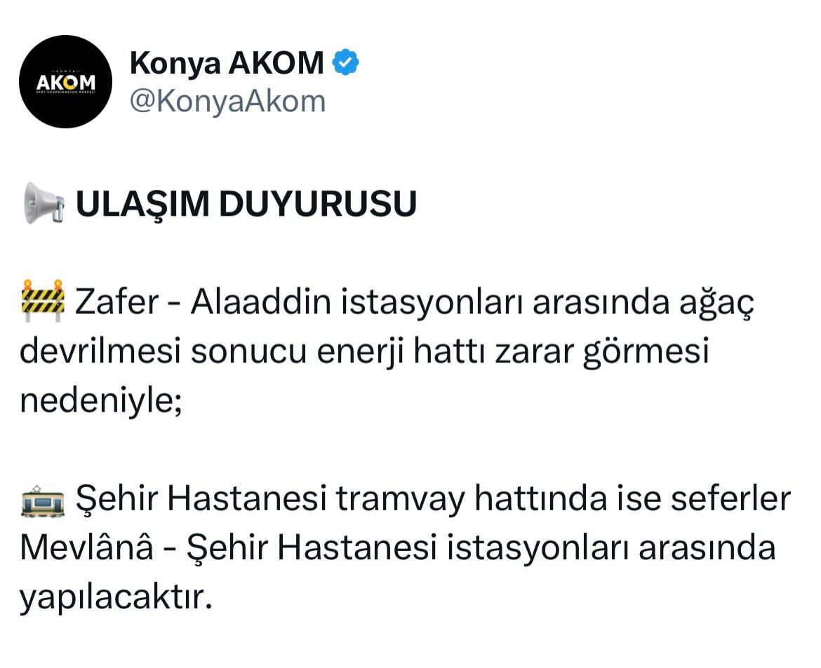 📢 Ulaşim Duyurusu🚧 Zafer Alaaddin Istasyonları Arasında Ağaç Devrilmesi Sonucu Enerji Hattı